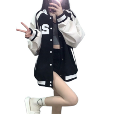SHENGHUI자수 프린트 야구복 코디 멋스러운 코트 여자 봄가을 루즈핏 캐주얼 점퍼23N9F26*LW