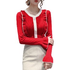 퀸하우스 진주단추 러플 긴팔 니트티