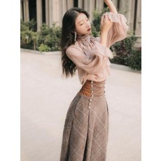 ZHIMIAO 여성 개화기 복고 소녀풍 레이스 브라우스 치마 투피스 파티복
