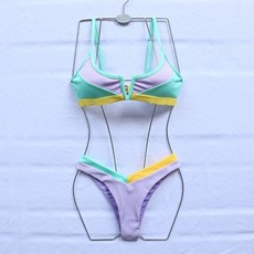모노키니 비키니 레이스모노키니 레이스 INGAGA 골지 수영복 여성 수영복 푸시 업 수영복 2021 솔리드 끈 팬티 하이 컷 세트, L, 라벤더