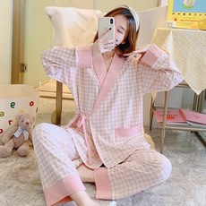 HAXING 여성 잠옷 세트 임산부 잠옷 여성 임산부 산후 잠옷 수유복 세트 봄가을 얇은 순면 산후 수유 잠옷
