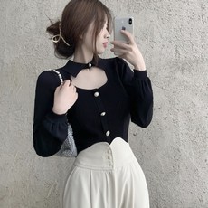 POLO 넥 블랙 니트셔츠 여성 기계 조심 섹시 슬림 숏 펀칭 긴소매