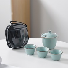 여행용 다기세트 여행 쿵푸차 야외 캠핑 다도 용품, 청색, 1다관+3컵+투명 수납 가방, 1개
