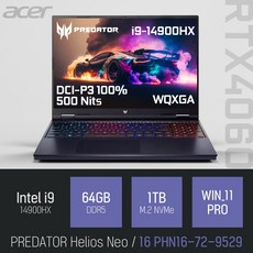 ACER PREDATOR Helios Neo 16 PHN16-72-9529 [무선 마우스+ 패드 증정], WIN11 Pro, 64GB, 1TB, 블랙