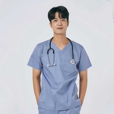 면혼방 남성 쿨스판 V넥 베이직 스크럽 인디고 상의 1개 간호복 병원 실습복 유니폼 수술복 SS101M-3 - 남자간호복