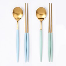 디온 보겐 몽블랑 에펠 국산 스텐 수저세트 골드, A(라이트블루 1개+라이트그린 1개), 1세트, 몽블랑 수저세트 골드