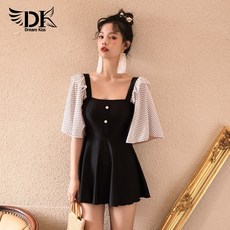 레트로 원피스 수영복 어깨셔링 스퀘어넥 반팔 모노키니, M, 원피스형