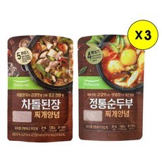 (냉장)[풀무원]차돌된장찌개양념130gx3+정통순두부찌개양념140gx3, 130g, 3개