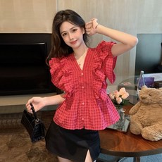 바이스타 여름 프릴 프릴 브이넥 체크 셔츠 쇼트 상의