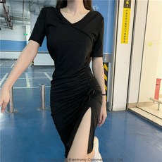 Hangcheng 여름 옆 트임 줄넘기 디자인 감각 원피스 슬림 브이넥 허리 기품 중롱 스커트G00136, 검정색, 3XL 권장 140-160근