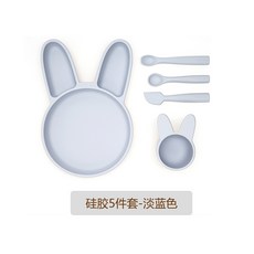 한국 수입 ROCOU 영유아 보조식품 실리콘 식기 식기 식기 스푼 안전 무취 세트 낙하 방지, 단일옵션, 【한국 정품】라이트 블루 5피스 세트