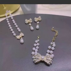 Silver92.5% 리본 천연담수진주 목걸이 & 귀걸이 SET