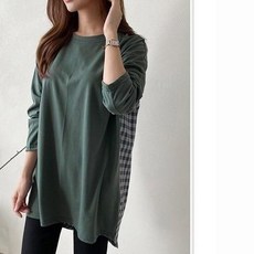 에이티엔 무늬 단색 백면 세련된 2만원대 선물 체크 배색 긴팔티 빅사이즈 여성의류 E-1784586