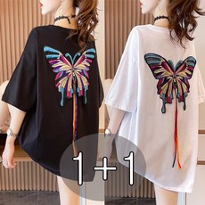tagi 1+1 여성 캐주얼 반팔 롱 티셔츠 여름 루즈핏 나비 원피스