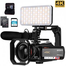 캠코더 4K 비디오 카메라 12 배속 광학 줌 3.1 "을 갖춘 ORDRO AC5 UHD 캠코더 마이크" 비디오 조명 광각 렌즈 및 64G SD, 단일옵션