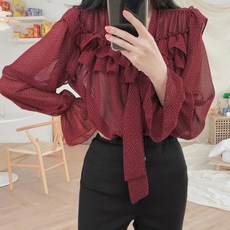프릴블라우스 겨울가을 한국 chic부드러운 코디하기쉬운 도트 비침 리본 카라프릴 루즈핏 프릴소매 쉬폰블라우스 셔츠