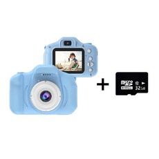 이지드로잉 어린이 키즈 디지털 카메라 사진기 디카 2000만화소 4배줌 + SD카드 32GB 세트_듀얼렌즈 셀카가능, 블루카메라+마이크로SD카드(32GB)