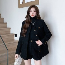 트위드 셋업 고 여성 가을 겨울 투피스 세트 울 두꺼운 자켓 태슬 코트 바지