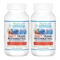 ProHealth Longevity 프로헬스 롱제비티 트랜스 레스베라트롤 1000mg 60캡슐 2병 Resveratrol 라스베라트롤, 2개, 60정