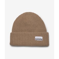 GANNI 여성 로고 패치 리브드 비니 - 다크 베이지 / A4429573 Structured Rib Beanie