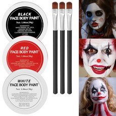 body makeup 공연메이크업 분장실도구 블랙 화이트 레드 페이스 바디 페인팅 3 브러시가 포함된 할로윈 광대 메이크업 키트 광대용 전문 조커 연극 코스프레 코스튬, Black+White+ Red, 1개