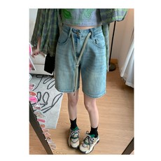 여름 스트링 데님 5부 팬츠 여 날씬해 보이는 일자 와이드 슬랙스 4부 반바지 중바지