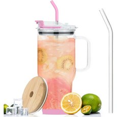 손잡이가 달린 AiHeart 32 OZ 유리컵 뚜껑과 빨대가 유리 텀블러 실리콘 코스터가 물컵 음료 잔 스무디 컵 맥주 아이스 커피 차 주스 커피용, Pink, 1개