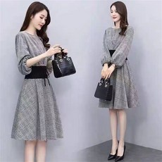 besteffie 여성 가을 봄 원피스 라운드넥 타이 체크 슬림핏 심플 A라인 원피스 미디 긴팔 K88