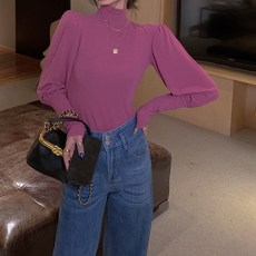 원메이 가을 여자 데일리 폴라 퍼프 소매 여리 슬림핏 긴팔 티셔츠