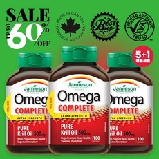 캐나다 국민 브랜드 1등 자미에슨 최대 60% 오메가 퓨어 크릴오일 500mg 100정 5+1 Jamieson Omega Pure Krill Oil EPA DHA 항산화제, 500mg x 100정 - 6병(5+1)