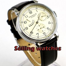 [해외] 솔리드 42mm parnis 남성용 시계 날짜 파워 리저브 베이지 다이얼 폴리 쉬드 케이스 자동식 무브먼트 손목 시계