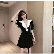 러블리트 5V6N9WML 여성 여름 반팔 퍼프 배색 카라 반바지 점프수트