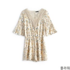 굿데이 컴퍼니 여름 밴딩 와이드 점프수트 빅사이즈 와이드팬츠 데일리 캐주얼 하이웨스트 반바지 V넥 레이스 플라워 프릴 vLTK12