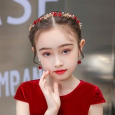 티아라 파티 공주 헤어 액세서리 여아 레드 헤어밴드 세트 플라워 런칭쇼 왕관 생일파티, 01 레드 화환+귀걸이 1세트(리본핀)