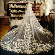 Fenghuavip Ivory Tulle 1T Brides Veils 5M Cathedral Wedding Long 3D Flower Veil with Comb (5 미터 흰색)