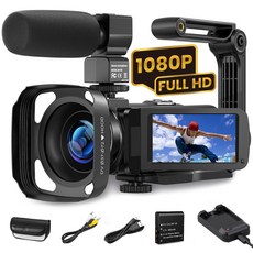 비디오 카메라 캠코더 디지털 카메라 레코더 풀 HD 1080P 2400W 3.0인치 LCD 화면 270° 회전 캠코더 카메라 마이크 키트