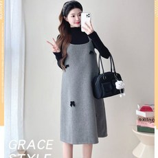 패션 여성 임산부 하객룩 원피스 겨울 임부복 원피스세트 데일리 임부복 반폴라티 +모직 멜빵 원피스 세트 YJW