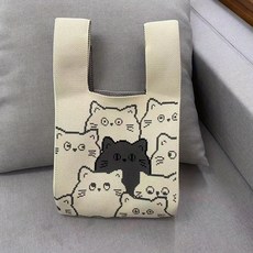 [까투리네] 여성 팬더 고양이 미니 손가방 핸드폰 니트 에코백 복조리 손목 가방