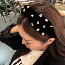 [비비애르] 제니 블랙 벨벳 왕리본 보석 진주 큐빅 헤어밴드 고퀄 핸드메이드 머리띠