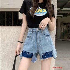 puildaug 높은 허리 스키니 큰 데님 반바지 레트로 단어 불규칙한 버 성격 여름 반바지