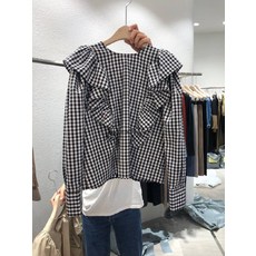 블랙 고방체크 프릴 블라우스 여자블라우스