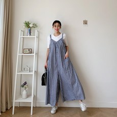 [시크블랙]로이셀 나시 체크와이드 점프슈트 여성점프슈트 꾸안꾸 캐주얼룩 봄신상 루즈핏 점프슈트 멜빵바지 이지룩