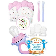 NMT 베이비 푸드 피더 젖꼭지가있는 아기를위한 젖니가 남 벙어리 장갑 Teether 세트 부드러운 잇몸을 진정시 [Pink & Purple] - P006907VX26SH43, Pink & Purple