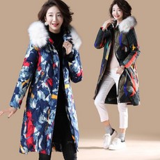 오늘만 국내배송 컬러페인팅 롱 패딩점퍼 캐주얼 패턴 털모자 보온 야상점퍼 아우터