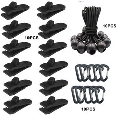 옥외 방풍 텐트 집게 방우 유포 플라스틱 집게 조절 나선 천막 차양 덮개 고정 잠금 집게, 텐트 집게 10개 + 검은 줄 + D형 검은 줄 10