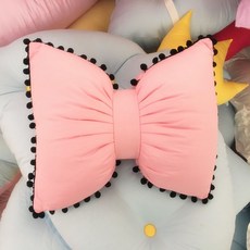 블랙 줄무늬 목화솜 수제 면100% 베개 자동차 목 베개 리본 소파 사무실 허리 등 쿠션, 핑크 비취 모피 볼 활