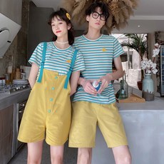 보이핏 볼륨 디자인 감각 커플룩 여름옷 스트라이프티셔츠 남성 멜빵바지 학생 교복 커버