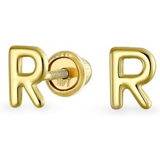 Bling Jewelry 여성 청소년를 들어 ABC 방송 미니멀 리얼 옐로우 14K 골드 자본 블록 알파벳 문자 초기 R
