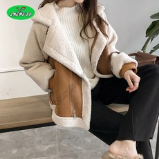 SHENGBO 양가죽무스탕 빅사이즈 숏 자켓 여성 라이더 크롭 슬림핏 양털 코트 +HY107WH