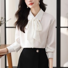 POMTOR 여성 리본 블라우스 긴팔 블라우스